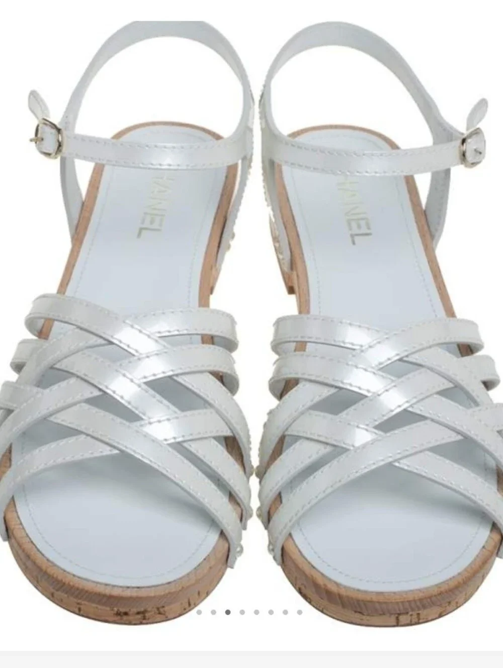 CHANELChanel White Patent Leather Ankle Cork Sandals with Ankle Buckle Size 41